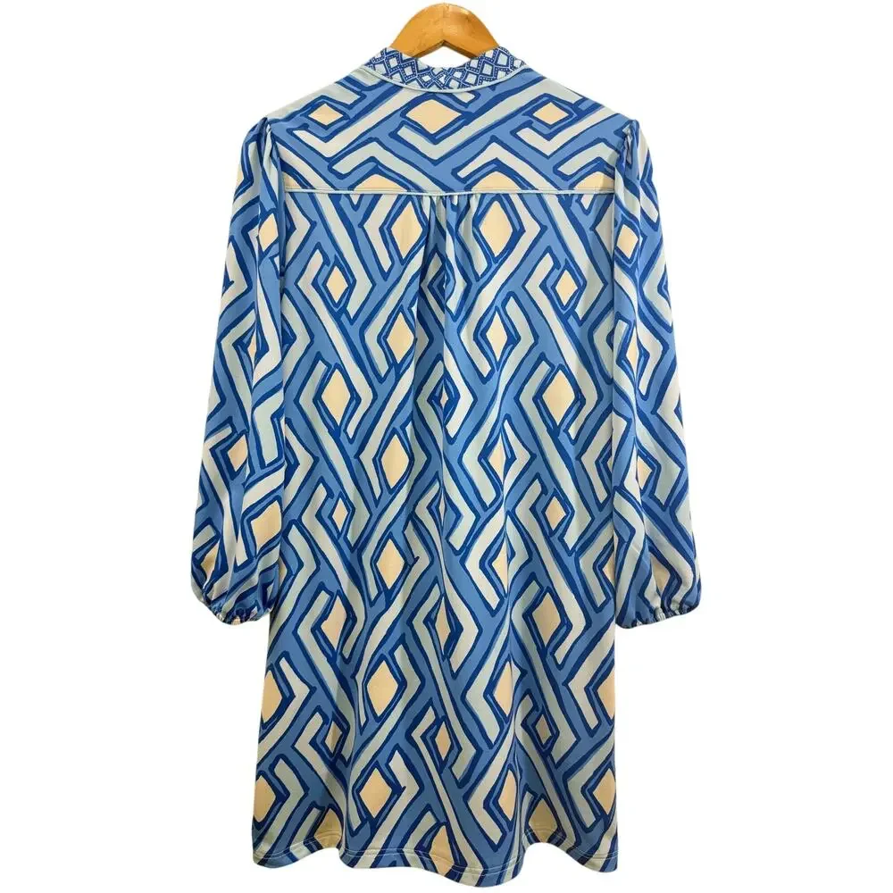 J McLaughlin Emer Dress M Blue Geo Print V-Neck 3/4 Sleeve Midi Casual Resort - Picture 3 of 9